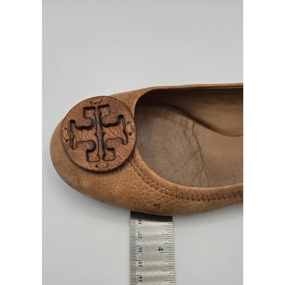 Tory Burch Reva Women Flats Sz 7 Tan Tumbled Leather Ballet Logo